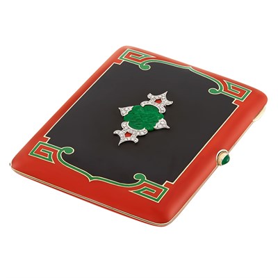 Lot 402 - Art Deco Gold, Platinum, Enamel, Jade and Diamond Case, Tiffany & Co.
