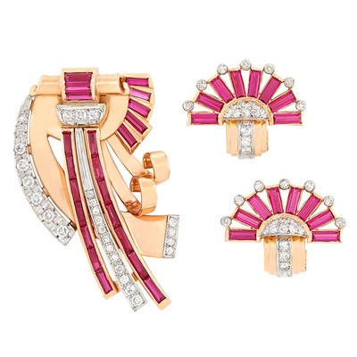 Lot 205 - Retro Two-Color Gold, Diamond and Synthetic Ruby Clip-Brooch and Pair of Earclips