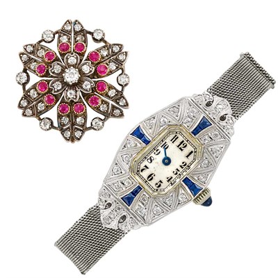 Lot 49 - Platinum, Low Karat Gold, Diamond and Synthetic Sapphire Wristwatch and Silver, Gold, Diamond and Synthetic Ruby Pin