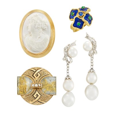 Lot 288 - White Gold, Cultured Pearl & Diamond Earrings, Gold, Emerald & Enamel Ring, Cameo Pin & Antique Gold-in-Quartz & Enamel Pin