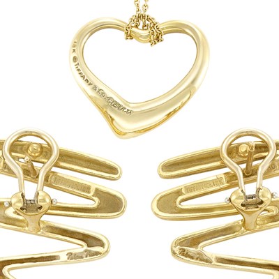 Lot 261 - Pair of Gold 'Scribble' Earrings and Heart Pendant with Chain, Tiffany & Co., and Gold and Diamond Necklace and Bracelet