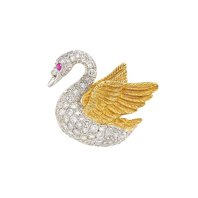 Lot 11 - Gold, Platinum, Diamond and Ruby Swan Pin
