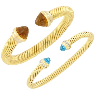 Lot 6 - Gold, Blue Topaz and Diamond Bangle Bracelet, David Yurman, and Two-Color Gold and Amber Bangle Bracelet