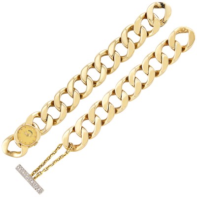 Lot 4 - Gold Curb Link Bracelet-Watch, Udall & Ballou, and Bracelet