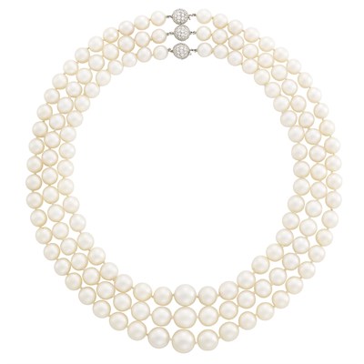 Lot 290 - Three Cultured Pearl Necklaces with Platinum and Diamond Ball Clasps