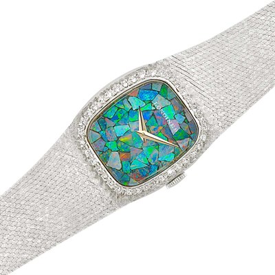 Lot 294 - White Gold, Opal Mosaic and Diamond Wristwatch, Longines
