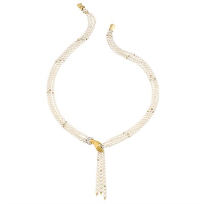 Lot 32 - Triple Strand Cultured Pearl, Two-Color Gold and Diamond Fringe Necklace, Carrera Carrera, Black Starr & Frost