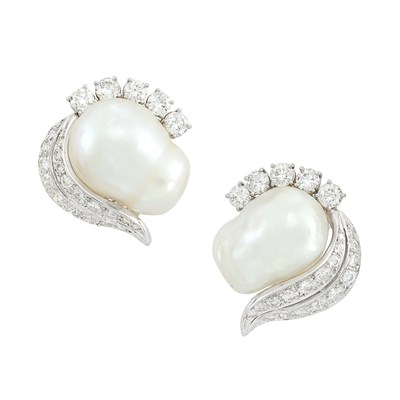 Lot 337 - Pair of Platinum, Baroque Cultured Pearl and Diamond Earclips, Ruser