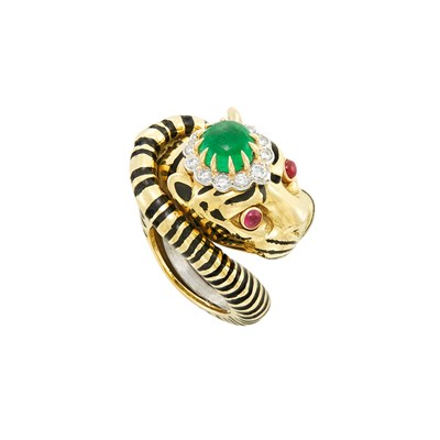 Lot 365 - Gold, Platinum, Cabochon Emerald, Diamond, Ruby and Enamel Tiger Ring, David Webb