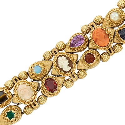 Lot 99 - Gold, Gem-Set, Hardstone and Shell Cameo Slide Bracelet