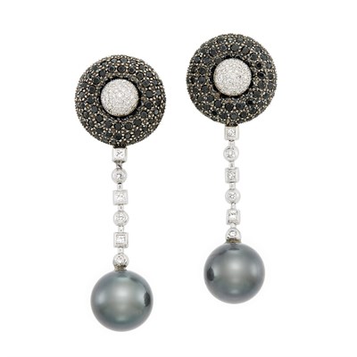 Lot 381 - Pair of White Gold, Tahitian Black Cultured Pearl, Black Diamond and Diamond Pendant-Earrings