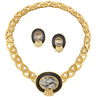 Lot 329 - Gold, Black Onyx, Diamond and Tourmaline Quartz Necklace and Pair of Earclips