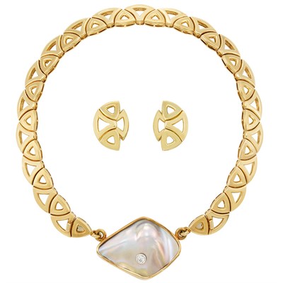 Lot 500 - Gold, Mother-of-Pearl and Diamond Necklace and Pair of Earclips