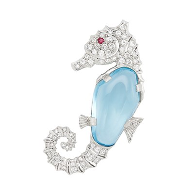 Lot 66 - Platinum, Cabochon Aquamarine, Diamond and Ruby Sea Horse Pendant Clip-Brooch