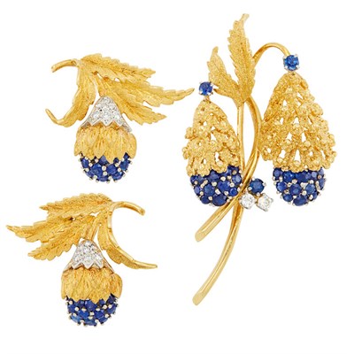 Lot 350 - Two-Color Gold, Sapphire and Diamond Brooch and Pair of Earclips