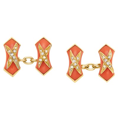 Lot 124 - Pair of Antique Gold, Coral and Diamond Cufflinks