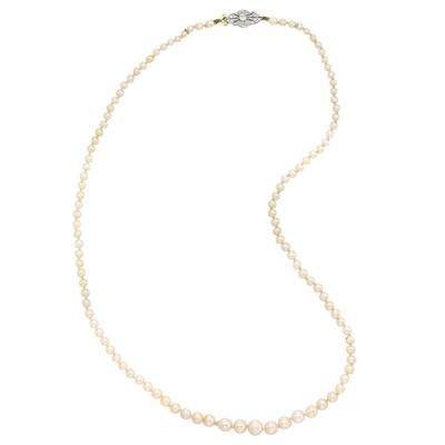 Lot 468 - Natural Pearl Necklace with Platinum, Gold and Diamond Clasp