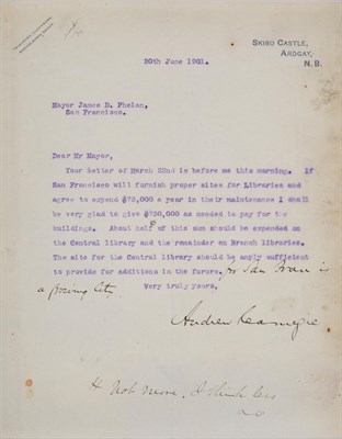 Lot 150 - CARNEGIE, ANDREW Typed letter signed to Mayor...
