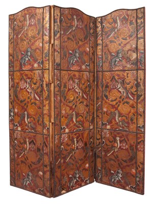 Lot 192 - Pair of Continental Painted Embossed Leather...