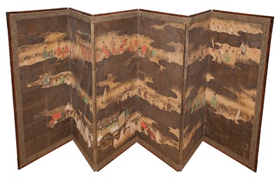 Lot 565 - Japanese Painted Paper Six-Panel Screen Each...