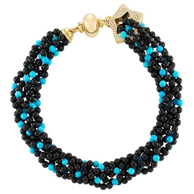 Lot 158 - Multistrand Turquoise and Black Onyx Bead Torsade Necklace with  Two-Color Gold and Diamond Star Clasp