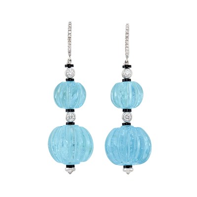 Lot 189 - Pair of White Gold, Fluted Aquamarine Bead, Diamond and Black Onyx Pendant Earrings