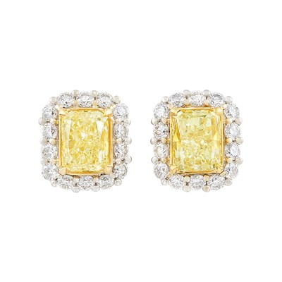 Lot 171 - Pair of Two-Color Gold, Light Yellow Diamond and Diamond Earrings