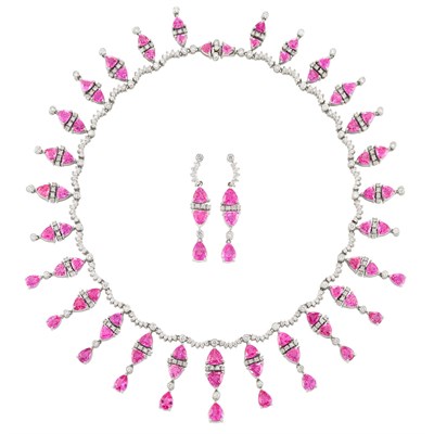 Lot 333 - Platinum, Pink Sapphire and Diamond Fringe Necklace and Pair of Pendant-Earrings