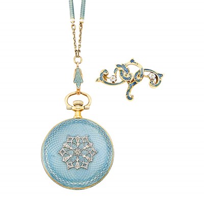 Lot 465 - Gold, Platinum and Blue Guilloché Enamel and Diamond Pendant-Watch Chain Necklace and Pin