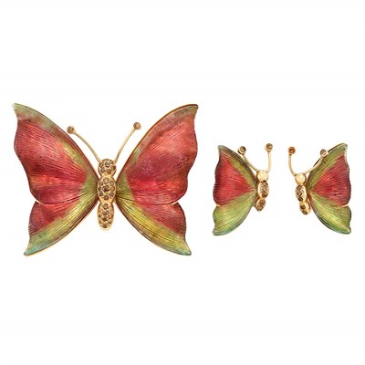 Lot 544 - Gold, Carved Watermelon Tourmaline and Brown Diamond Butterfly Earclips and Pendant-Brooch, Andreas Von Zadora
