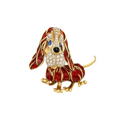 Lot 22 - Gold, Enamel, Diamond, Synthetic Sapphire and Black Onyx Basset Hound Clip-Brooch, Frescarolo