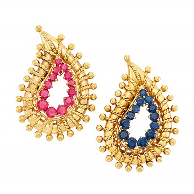 Lot 637 - Pair of Gold, Ruby and Sapphire Clip-Brooches, Tiffany & Co.