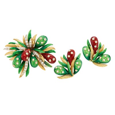 Lot 293 - Gold, Green and Red Enamel and Diamond Brooch and Pair of Earclips