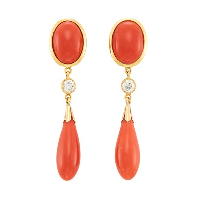 Lot 4 - Pair of Gold, Coral and Diamond Pendant-Earclips