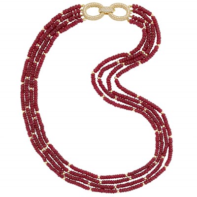 Lot 368 - Four Strand Ruby and Gold Bead Necklace with Diamond Clasp