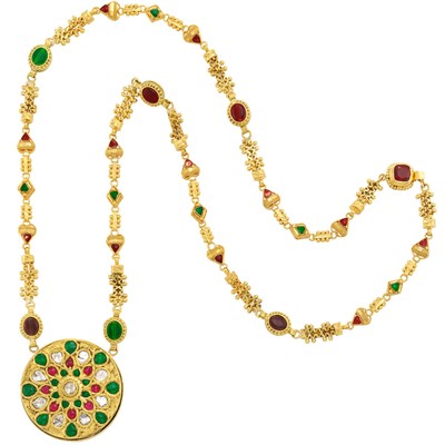 Lot 371 - Long Gold, Colored Stone, Glass and Enamel Pendant-Necklace