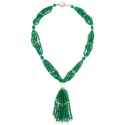 Lot 531 - Six Strand Emerald Bead, Freshwater and South Sea Cultured Pearl Sautoir with Gold, Cultured Pearl and Diamond Clasp