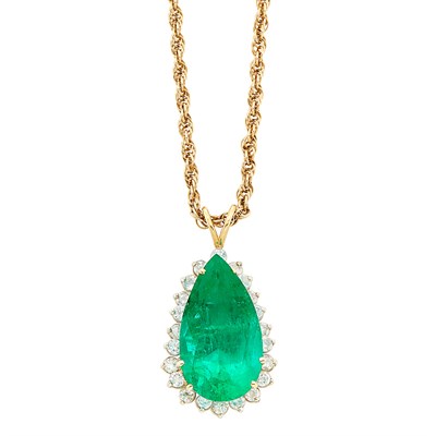 Lot 551 - Two-Color Gold, Emerald and Diamond Pendant with Chain Necklace
