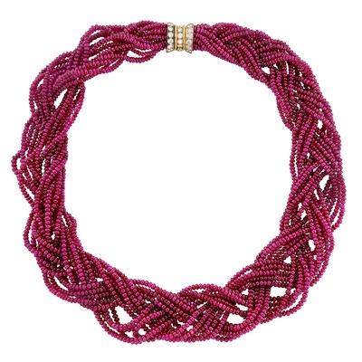 Lot 289 - Multistrand Braided Ruby Bead Necklace with Gold and Diamond Clasp, Asprey