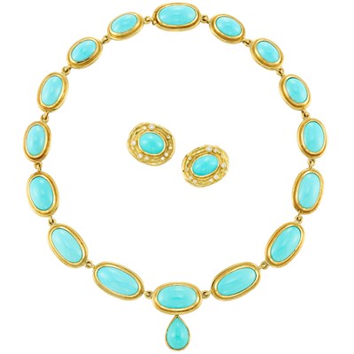Lot 485 - Gold and Turquoise Necklace and Pair of Earclips
