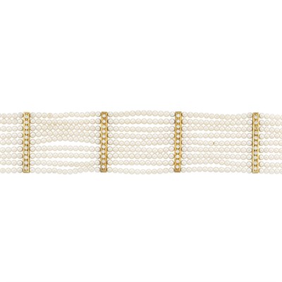 Lot 557 - Multistrand Cultured Pearl, Gold and Diamond Choker Necklace
