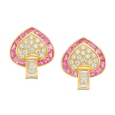 Lot 310 - Pair of Gold, Diamond and Pink Sapphire Earclips