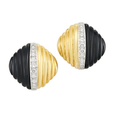 Lot 1 - Pair of Two-Color Gold, Carved Black Onyx, and Diamond Earclips, Trianon