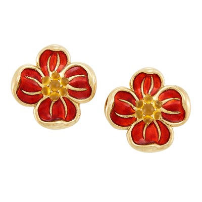 Lot 292 - Pair of Gold, Cabochon Citrine and Red Enamel Flower Earclips