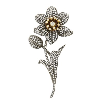 Lot 380 - Gold, Silver, Diamond and Purple Enamel Flower Clip-Brooch