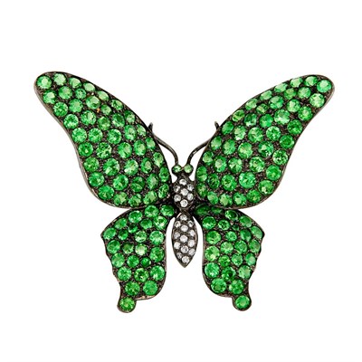 Lot 422 - Blackened Gold, Tsavorite Garnet and Diamond Butterfly Clip-Brooch