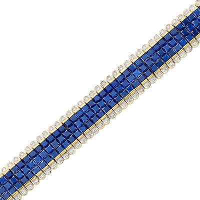 Lot 377 - Gold, Invisibly-Set Sapphire and Diamond Bracelet