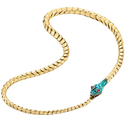 Lot 473 - Antique Gold, Silver, Turquoise and Cabochon Garnet Snake Necklace
