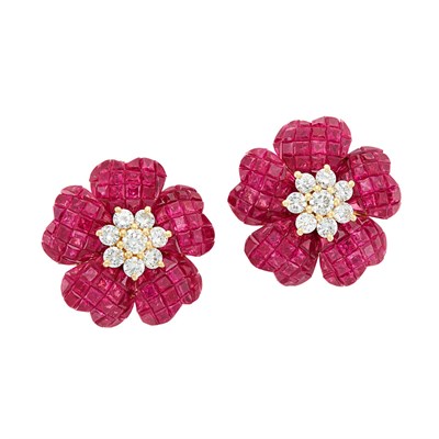 Lot 267 - Pair of Gold, Invisibly-Set Ruby and Diamond Flower Earclips
