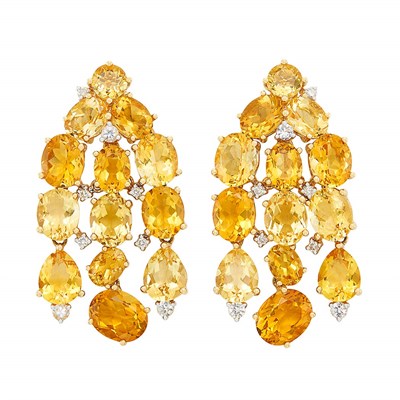 Lot 249 - Pair of Gold, Citrine, White Sapphire and Diamond Fringe Earclips
